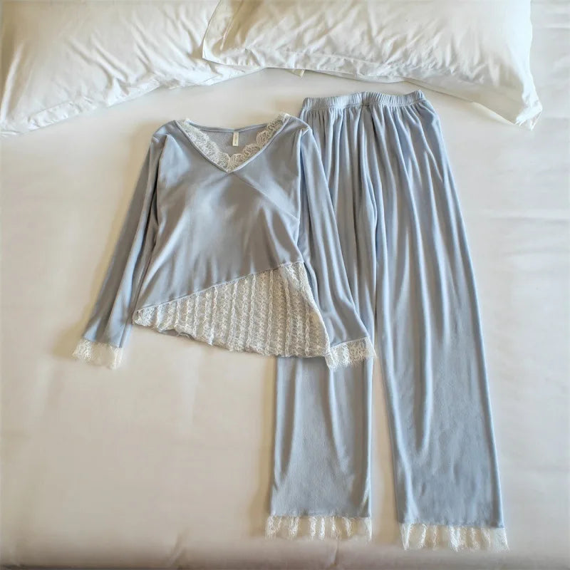 Chest Pad Top Pant Suit New Island Velvet Warm Pajama Woman Winter Sleepwear Set Thick Lace Sweet Night Women's Home Clothes