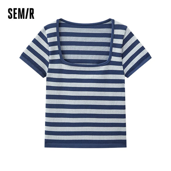 Semir Bottoming Shirt Women Stylish Vintage Striped Short Sleeve T-Shirt Round Neck Inner Layer Spring Top Slim Fit Slimming