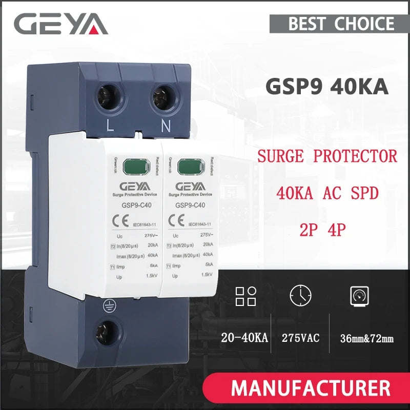 ឧបករណ៍ការពារការកើនឡើង GEYA GSP9 2P 4P 20KA-40KA SPD AC275V ឧបករណ៍ការពារការកើនឡើង SPD សម្រាប់ផ្ទះ 1P+N Din Rail