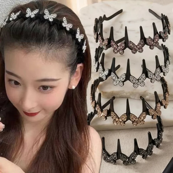 Rhinestone Butterfly Wavy Headband Fashion Sparkling Korean Style Anti-slip Toothed Headband Face Washing Hair Accessories Women