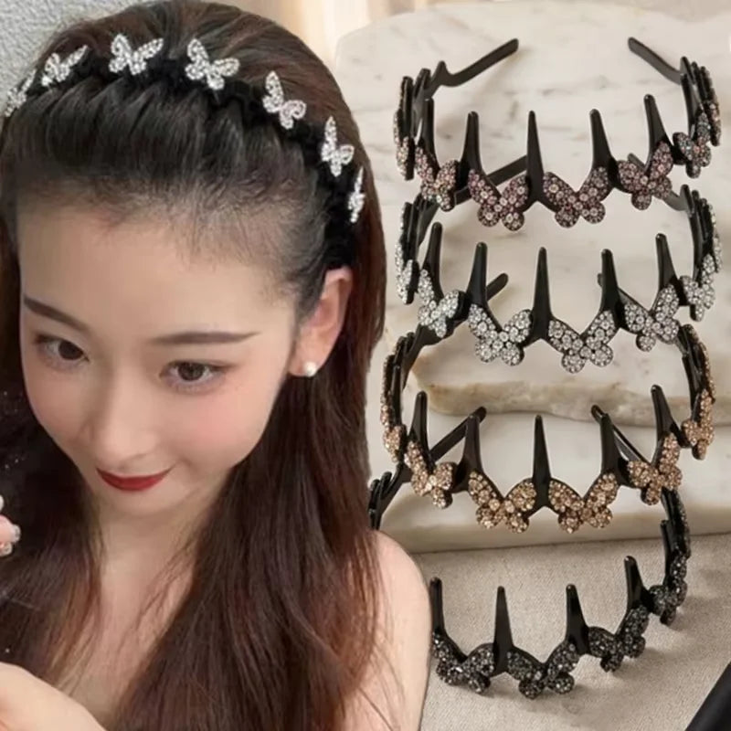 Rhinestone Butterfly Wavy Headband Fashion Sparkling Korean Style Anti-slip Toothed Headband Face Washing Hair Accessories Women