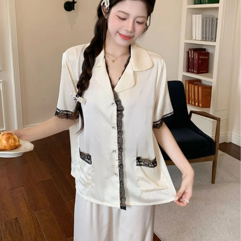 Summer Clothes Elegant Women's Pajamas 2 Piece Nighty Short Sleeve Sleepwear Nightwear for Woman Lapel Top Trousers Home Wear