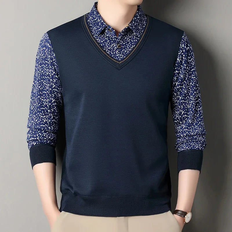 Men Thermal Knit Sweatshirt Faux Layered Style Printed Lapel Collar Fleece Inside Leisure Long Sleeve Pullover