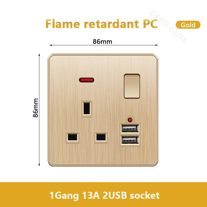 Gold Universal 3/5Pin Plastic Power Socket,UK Wall Outlet With 2.1A Dual USB Port,220V Electrical 2way Switch TV Computer CAT6