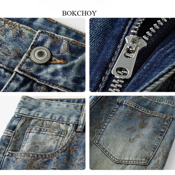 2026 Autumn New Cotton Chic Embroidered Jeans for Men Clothing Straight Vintage Washed Comfort Male Pants AG7536