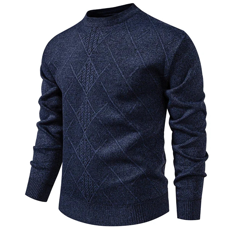 Semi Formal Male Winter Sweater Thick Fleece Lining Geometric Diamond Woven Pattern Crew Neck Long Sleeve Top