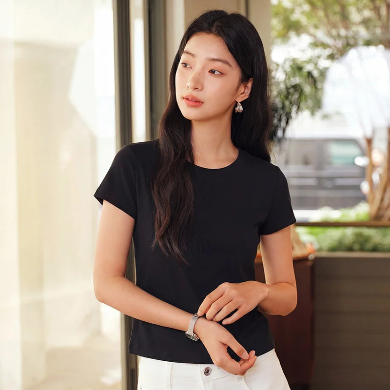 Semir Women Tshirt Cropped Solid Color Slim Crew Neck Short Sleeve Summer 2026 Minimal Casual Fashion Style Top