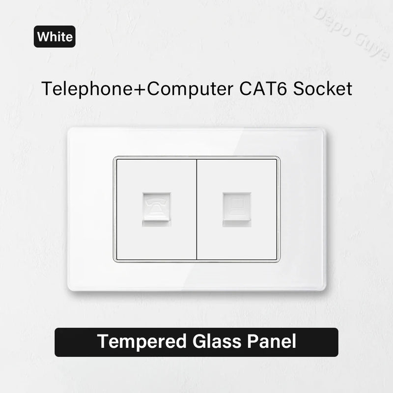 White Tempered Glass Panel Wall Light Switch Rocker Button EU Sockets Fast Charging CAT6 TV Power Outlet 118*75mm 16A AC110-250V