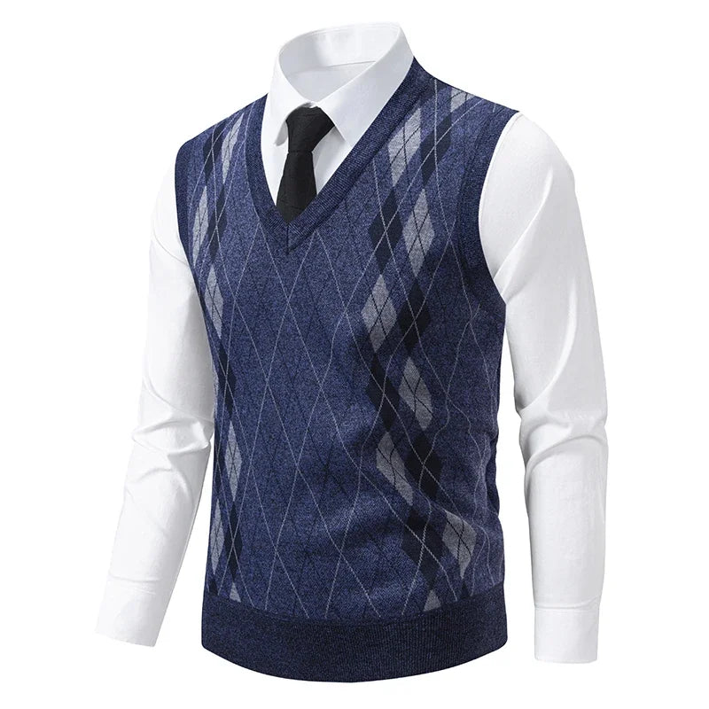 Men's V-Neck Knitted Sweater Diamond Grid Twisted Flower Casual Fashion Top for Autumn Winter Versatile Knitwear