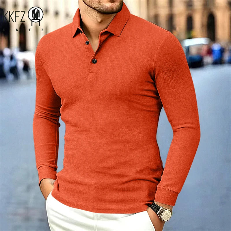 Men's Business Casual Long Sleeved Shirt Solid Color Fashionable Breathable Comfortable Versatile Polo Top