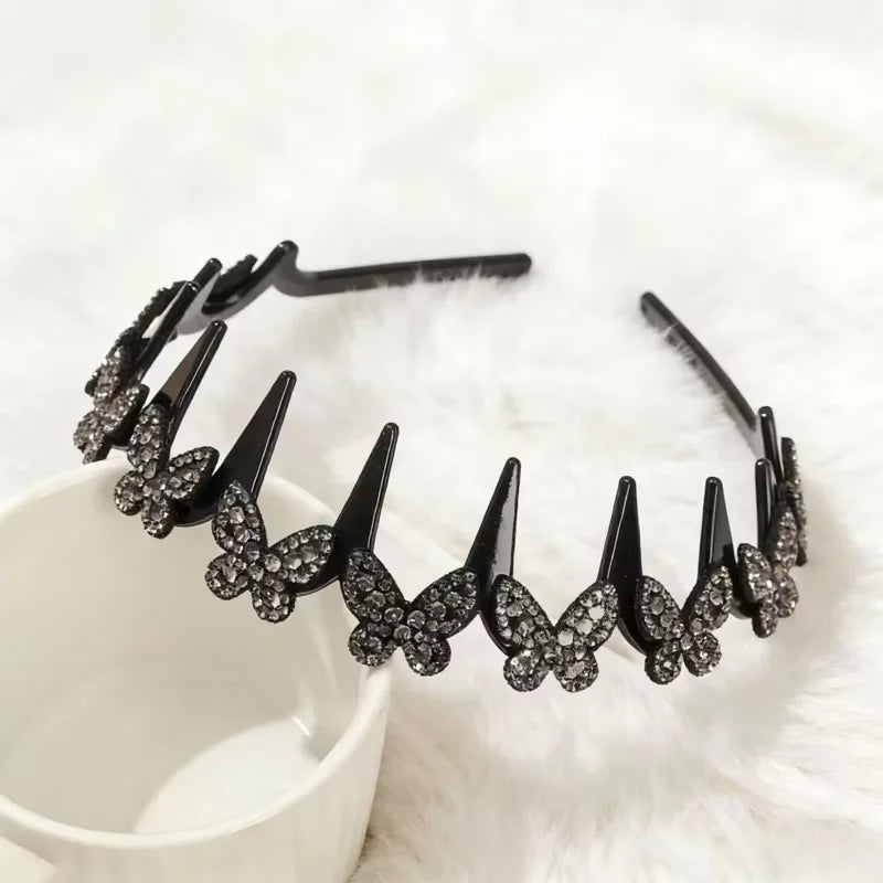 Rhinestone Butterfly Wavy Headband Fashion Sparkling Korean Style Anti-slip Toothed Headband Face Washing Hair Accessories Women