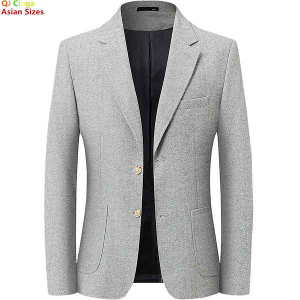 New Spring 2027 Men's Long-Sleeve Blazer—a Slim-fit Jacket in Herringbone Fabric, Available in Gray, Apricot, and Khaki.