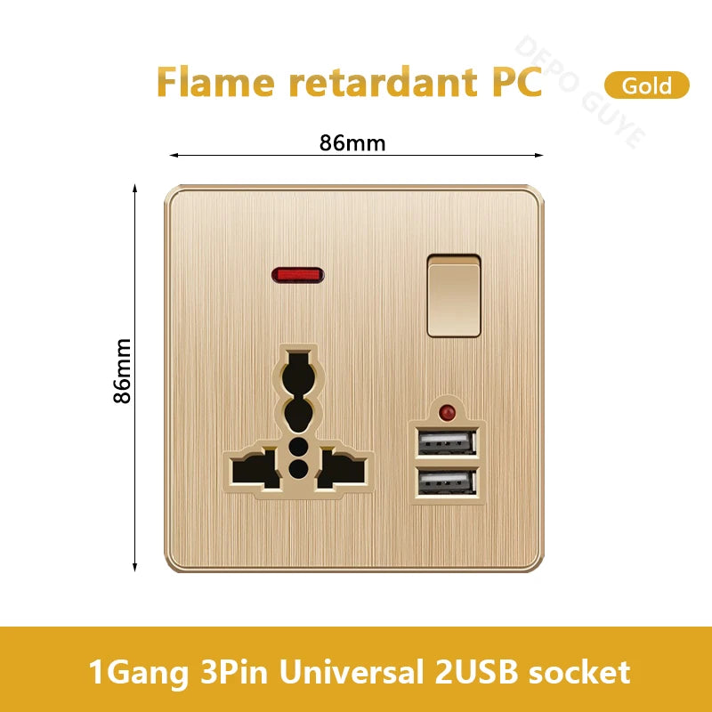 Gold Universal 3/5Pin Plastic Power Socket,UK Wall Outlet With 2.1A Dual USB Port,220V Electrical 2way Switch TV Computer CAT6