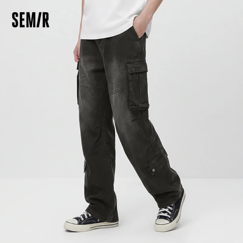 Semir Men Pants Denim American Vintage Workwear Loose Multi Pocket Straight Leg Drape 2026 Summer Fashion Casual Top
