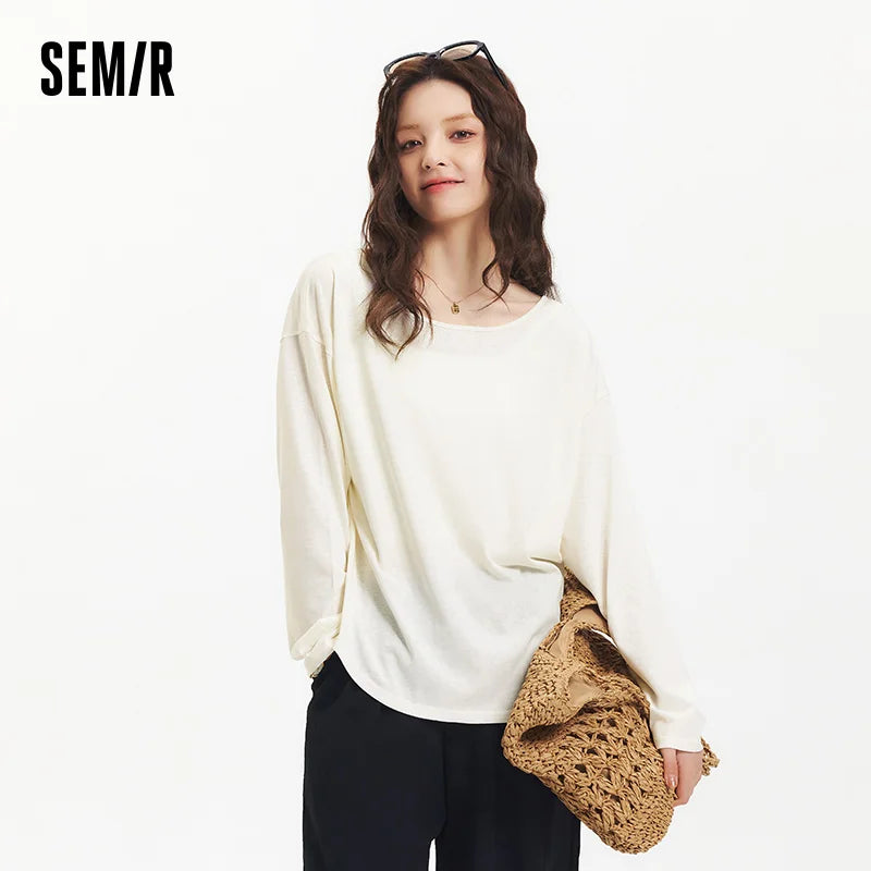 Semir Long Sleeve T-Shirt Women U Neck Solid Color Cardigan Minimalist Elegant 2025 New Summer Loose Top Gentle for Daily Wear