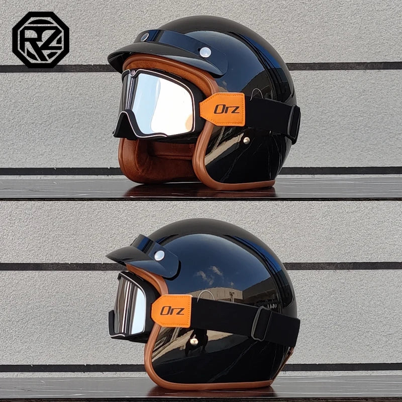 ORZ Classic Retro Face Out Motorcycle Helmet 3/4 Half Helmet, Suitable for Motorcycle Jet Helmets Adult Men and Women