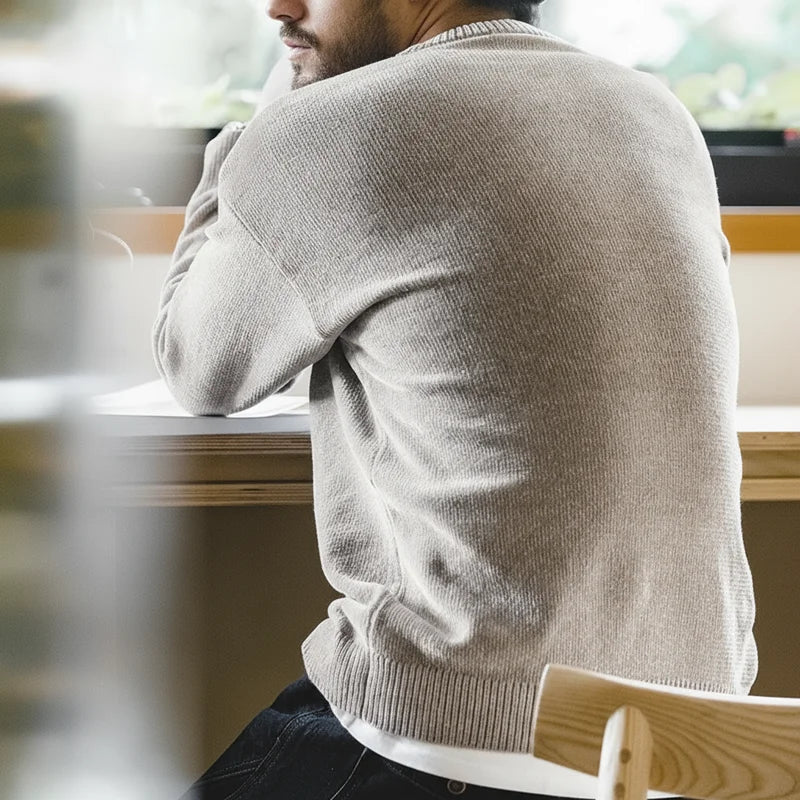 Maden Casual Chenille Round Neck Sweater for Men Warm Skin-friendly Beige Knitwear Autumn Winter Basic Solid Color Soft Sweater