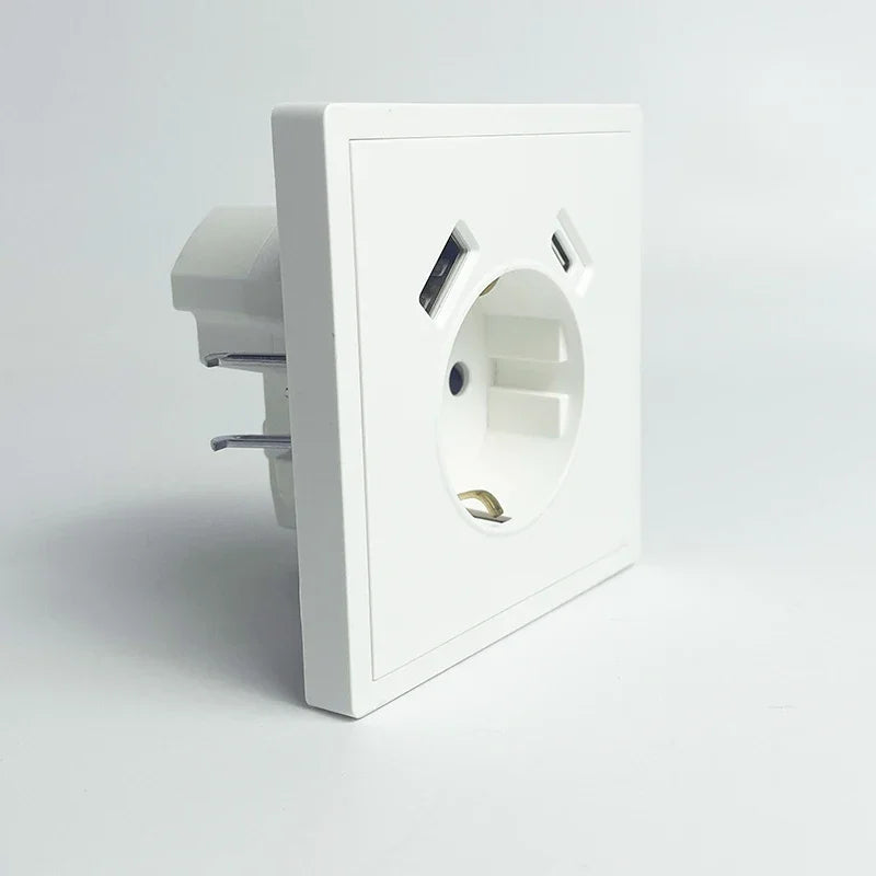 European Wall Socket EU Outlet, USB Type-C Charging Ports, 1/2 Gang Light Switch, 16A 250V, Flush Mount, White Panel, 80×80mm