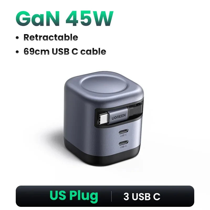 【US Plug】UGREEN 100W/65W/45W GaN Charger With Retractable USB C Cable UFCS PPS PD3.0 For Laptop Macbook Pro iPad Air iPhone 17