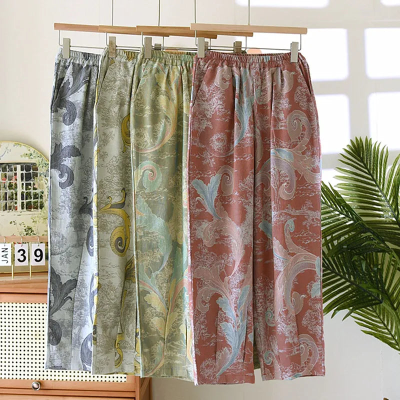 ខោស្ត្រីបែបវីនថេច 100% កប្បាស ខោនៅផ្ទះ ខោធម្មតា ម៉ាស៊ីនត្រជាក់ ខោគេង ខោសម្រាប់ស្ត្រី ខោគេង ខោជើងវែង Pijama