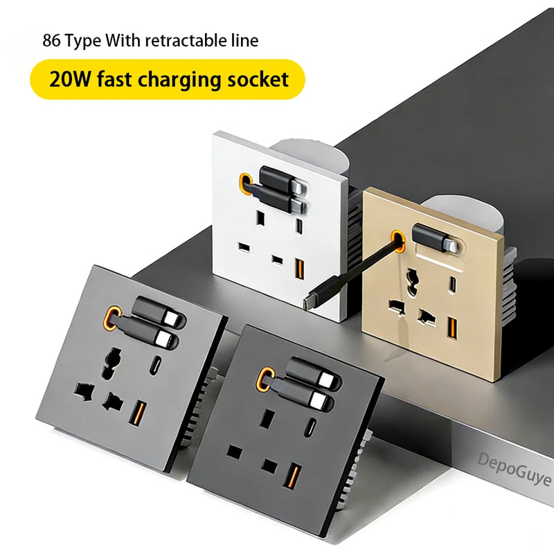 86 Type Universal 20W USB Type-C Socket Panel With Expandable Charging Cable Outlet,UK Mobile phone charging Type-c Socket