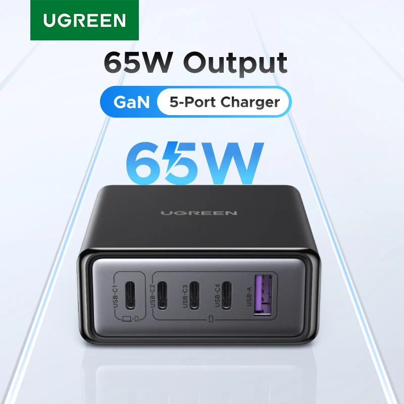 UGREEN 65W GaN Charger 5 IN 1 Desktop Charging Station PPS QC4.0 PD3.0 For iPhone 18 17 16 Pro Xiaomi Samsung Tablet Macbook Air