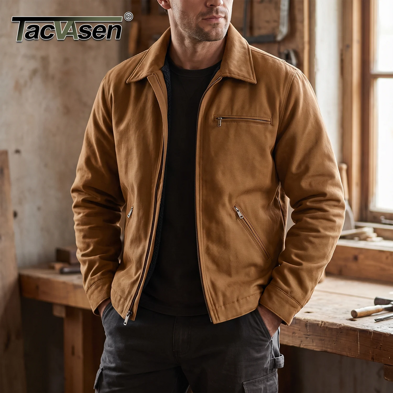 TACVASEN Heavy Duty Canvas Work Jackets Mens Construction Duck Retro Jacket Sherpa Waterproof Warm Winter Coats Cotton Pockets