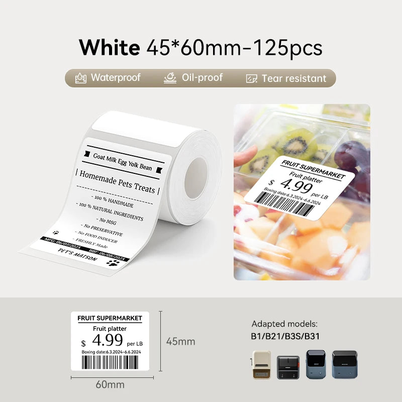 1 Roll NIIMBOT White/Cold Thermal Adhesive Label for B1 B21 B3S B31 B4 Anti-Oil Tear-Resistant Price Tag Home Bussiness Use
