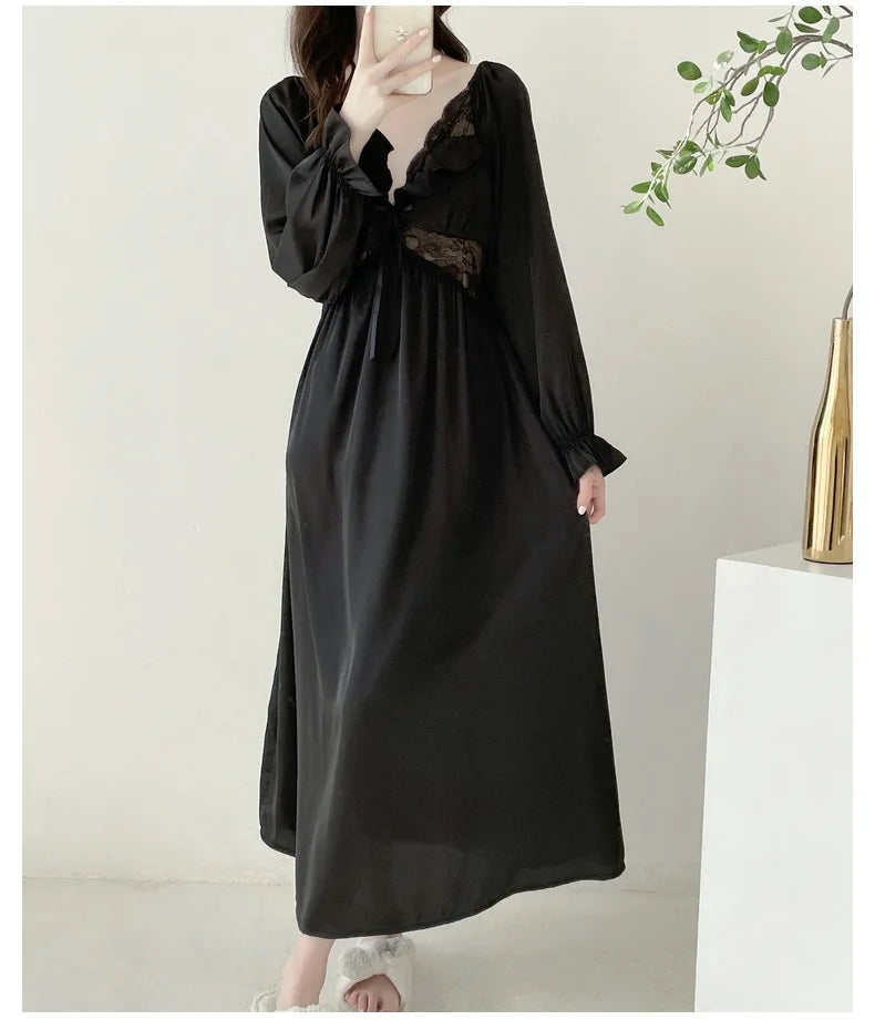 Ins Sweet Princess Nightdress Long Sleeve Spring Summer Dress Silk Satin Lace Night Wears For Women Slim Sleepwear Nightgowns