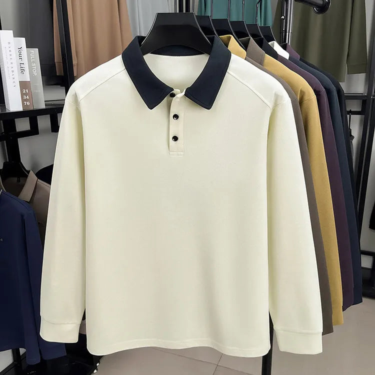 Men's Autumn Knit Polo Shirt, Contrast Collar and Sleeve Design, New Arrival Heavyweight Pullover for Casual Business Wear