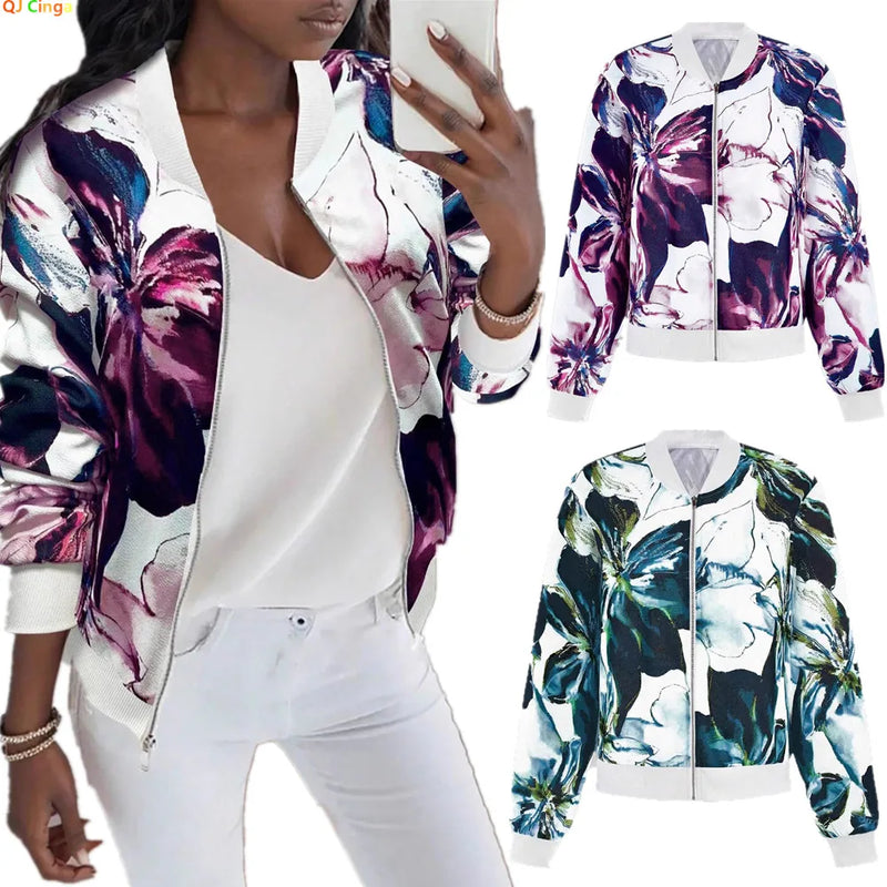 2026 New Women's Purple Long-Sleeve Printed Jacket, Green Baseball Collar Casual Coat, European Sizes S-XXL.