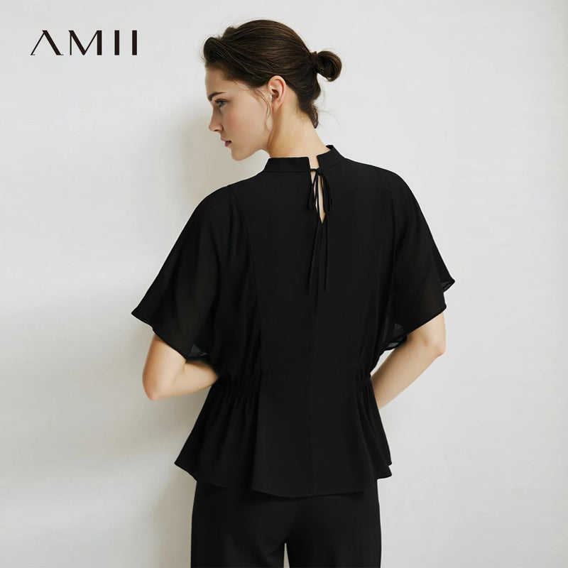 Amii Women's Elegant Blouses 2026 Summer New Stand Collar Ruffle Sleeve Loose Fit Top Flowy Office Casual Chiffon Shirt 12622214