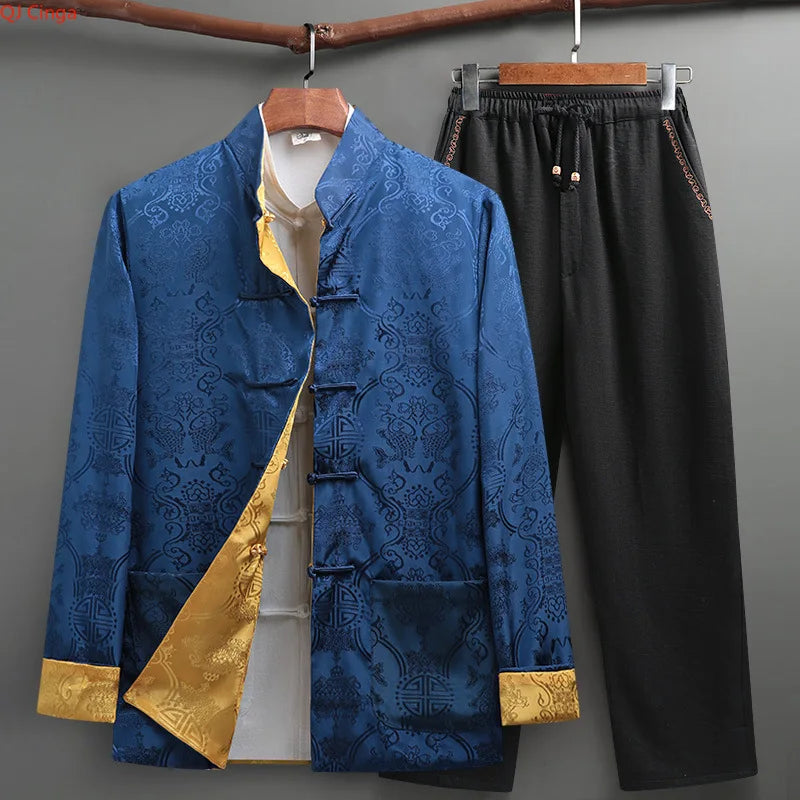 Men's Blue Two-piece, Tang-style Suit: A Chinese-style Single-breasted Stand-collar Jacket in Jacquard Fabric Paired with Pants.