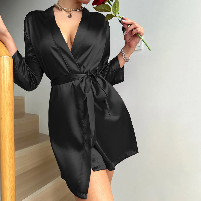 Home Dress Can Wear Ice Silk Robe Pajamas Women Summer European and American Ladies Lace-up Bathrobe Sexy Morning Gown