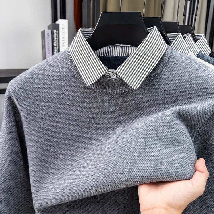 Men's Faux Two-Layer Sweater, Plaid Collar Thickened Warm, Gold Medal Quality, Thickened Collar Pullover Shirt
