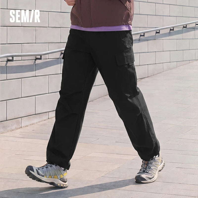Semir Men Pants Loose Straight Outdoor Cargo Knee Pleat Drawstring Waist Utility Casual Autumn Trousers Daily Wear 2026