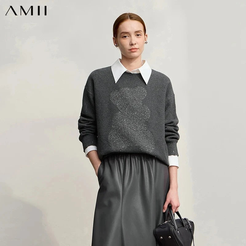 Amii Sweater 2026 Winter New Casual Hollow Out Jacquard Crew Neck Women's Sweater Loose Versatile Long Sleeve Knit Top 12544117