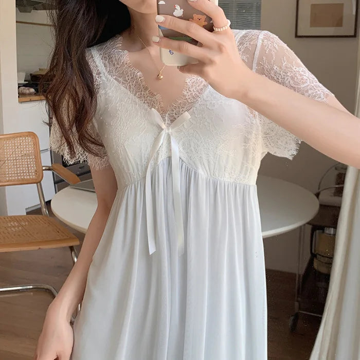 Lace Modal Mesh Summer Night Dress Woman Court Princess Nightdress Loungewear Sleepwear Women's Nightgowns Homewear Nightwear