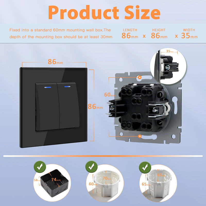 BSEED EU Standard Wall Light Switch 1/2Gang 1Way Toggle Switch Glass Panel Black Color Wall Switch On Off 10A 250V