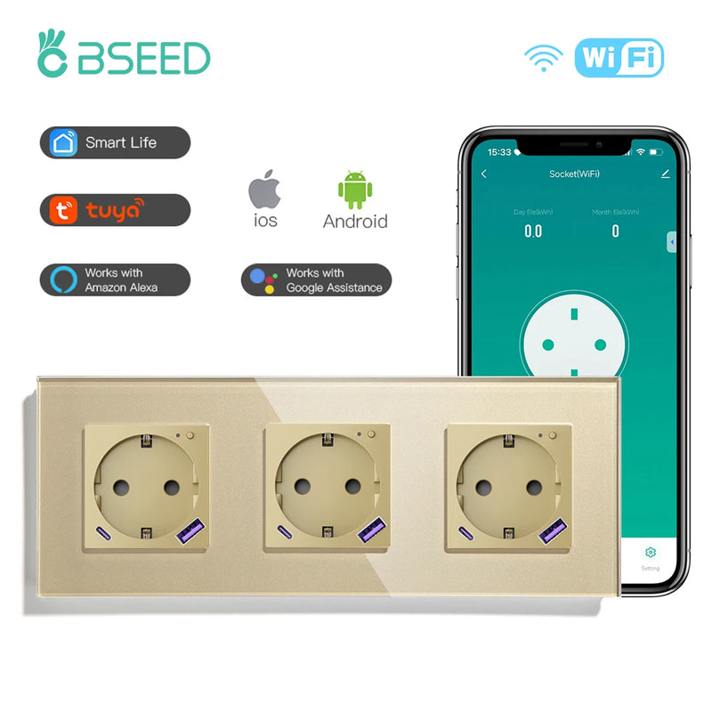 BSEED EU Standard Wifi Smart Socket With 20W USB Type-C Port Power Monitor Timing Function Tuya Alexa Smart Home Control 16A