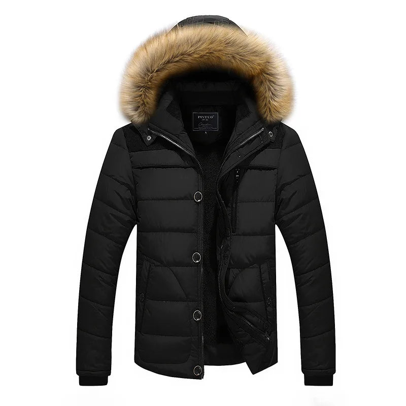 Men's Winter Black Hooded Parkas Jacket, Fake Fur Collar Thick Coats, Fashion Warm Outerwear Male Overcoat Blue Red Jaqueta