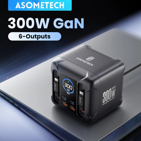 ស្ថានីយ សាក ថ្ម យូអេសប៊ី GaN 300W ជាមួយ ខ្សែ អាច ដក ចេញ បាន 100W USB Type C PD 3.0 PPS ឆ្នាំង សាក លឿន សម្រាប់ iPhone 17 Samsung Macbook ថេប្លេត