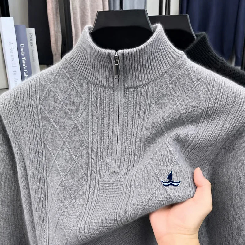 Man Long-Sleeved Knitwear Mock Neck Zipper Exquisite Embroidery Diamond Pattern Autumn Winter New Leisure Versatile Men's Wear