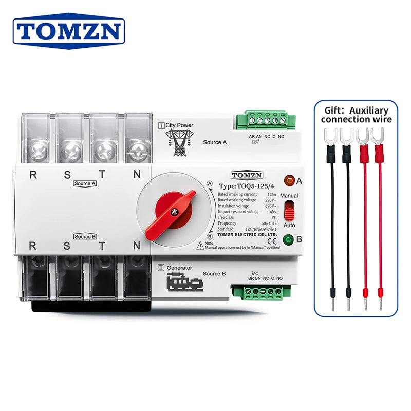 TOMZN 3Phase Din Rail ATS Dual Power Automatic Transfer Switch Electrical Selector Switches Uninterrupted Power 4P 63A 100A 125A