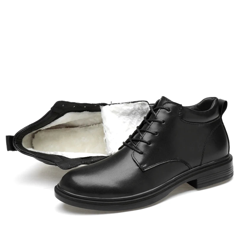 Men's Ankle Boots Black Genuine Leather Lace-Up Chukka Boots with Fur-Lined and No Fur Options Big Size 48 49 50