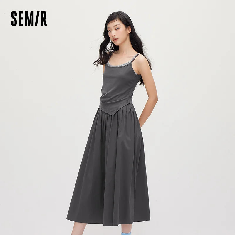 Women Dress Spliced Fake Two Piece Slim Fit Smart Casual Design Textured Maxi 2026 Summer Elegant Fashion Daily Wear Top