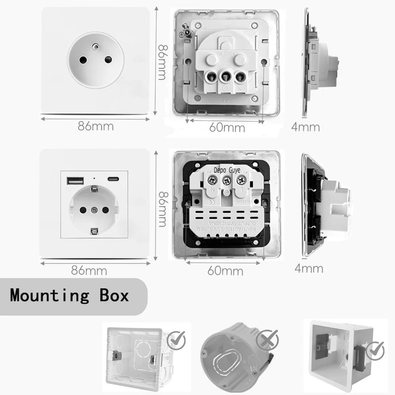 EU FR Power Socket ,Socket With Usb Charging Port and Type c White Stainless Steel Panel Russia Spain Wall Socket 5/10 PCS