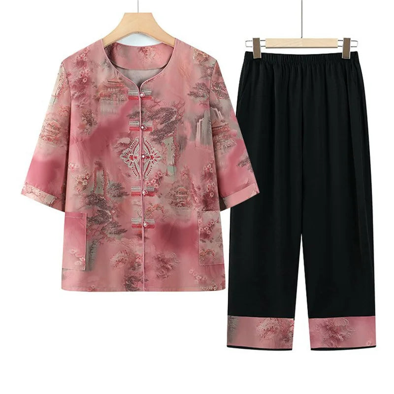 ឈុតគេងសម្រាប់ស្ត្រី XL-5XL បោះពុម្ពបែបវីនថេច សម្លៀកបំពាក់យាយធម្មតា រដូវស្លឹកឈើជ្រុះ រដូវរងា ឈុតសម្លៀកបំពាក់នៅផ្ទះពីរដុំ ឈុតសម្រាប់ម្តាយវ័យកណ្តាល