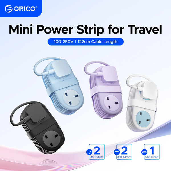 ORICO UK Plug Electrical Power Strip with  Multiple 2 AC Outlets 2 USB Port 1 Type C Port 1.2M Extension Cord Portable Travel
