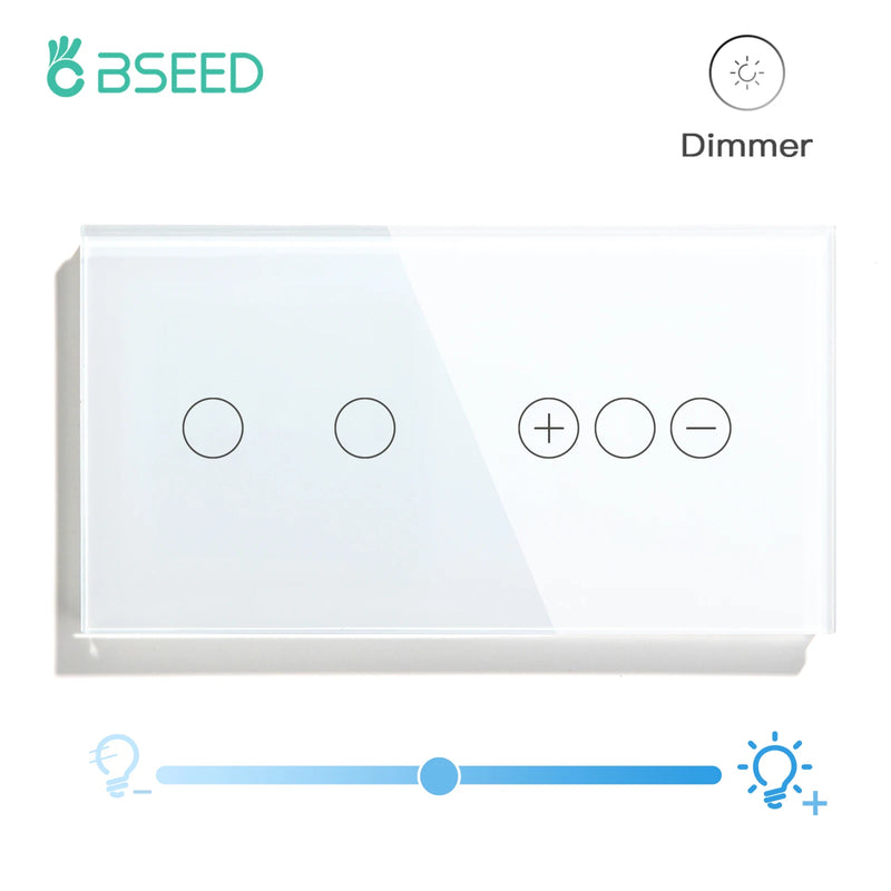 BSEED EU Standard LED Dimmable Light Switch 1/2/3Gang 1way Touch Light Switch With Wall Dimmer Switches Tempered Crystal Glass